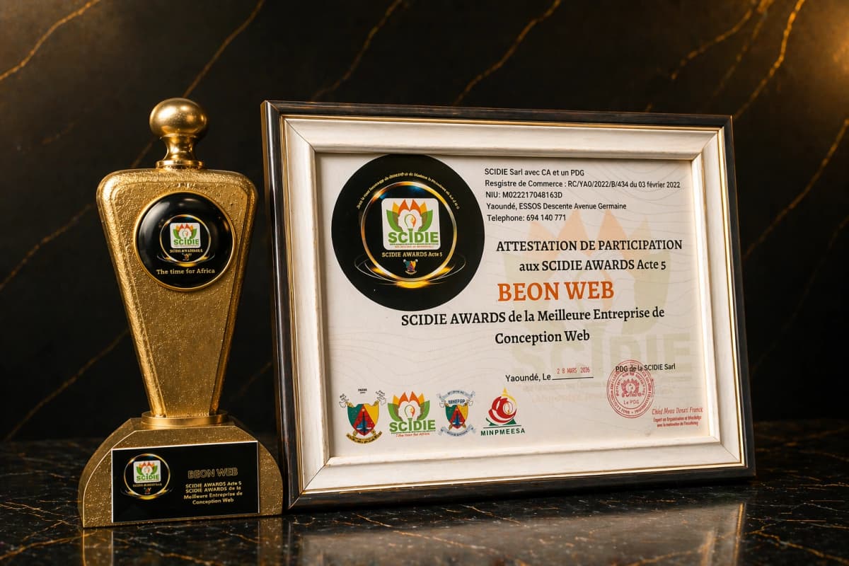 Trophee et attestation SCIDIE Award 2026 — BEONWEB Meilleure entreprise de conception web au Cameroun