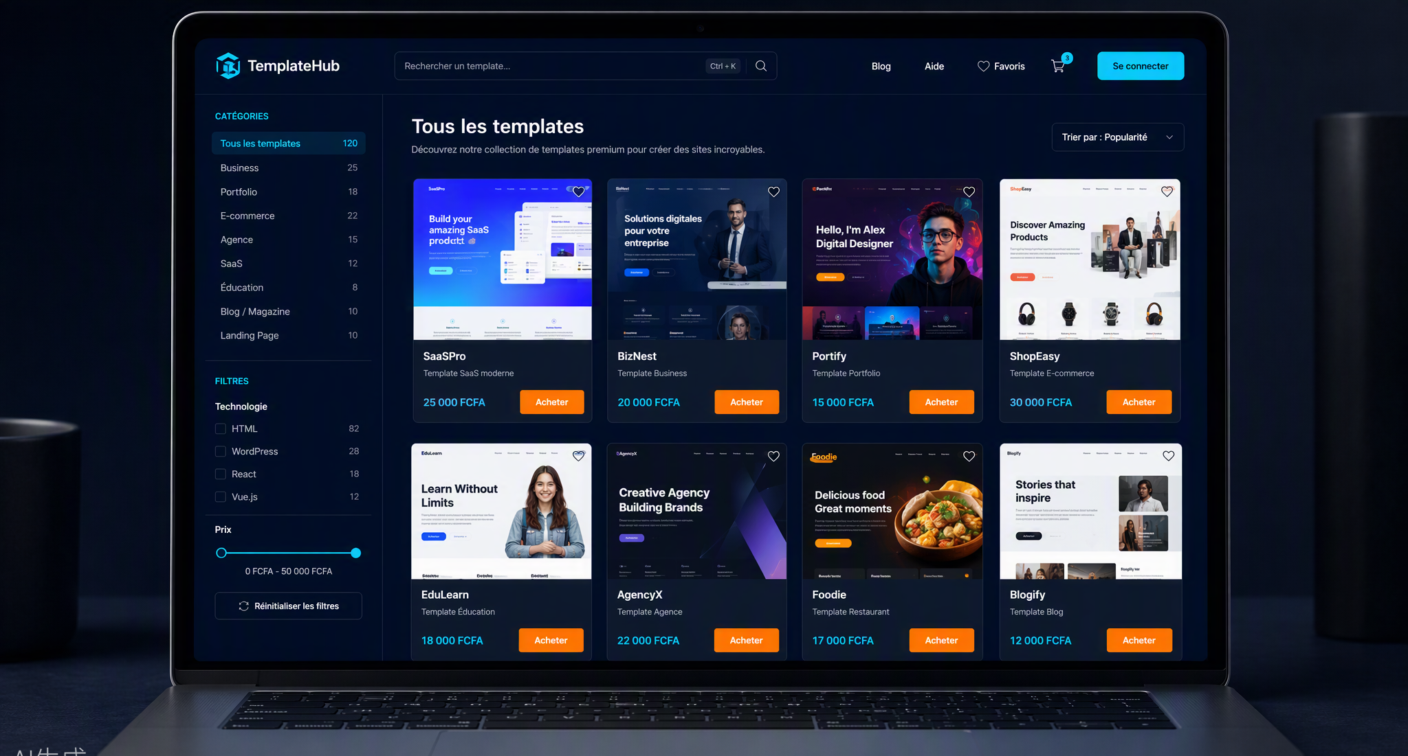 Boutique Templates BEONWEB — templates web premium pour 30 secteurs