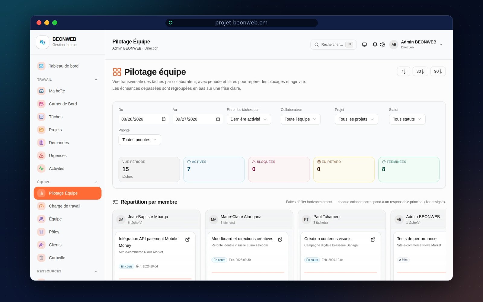 BEONWEB Gestion interne — aperçu