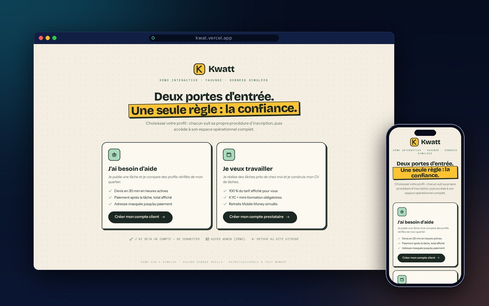 Kwatt — Plateforme de micro-tâches de quartier à Yaoundé