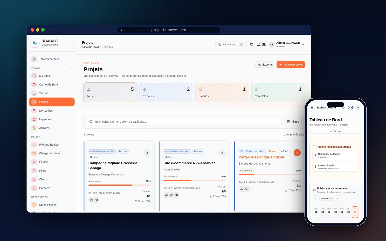 BEONWEB Gestion interne — Plateforme SaaS de gestion de projets, tâches et équipes