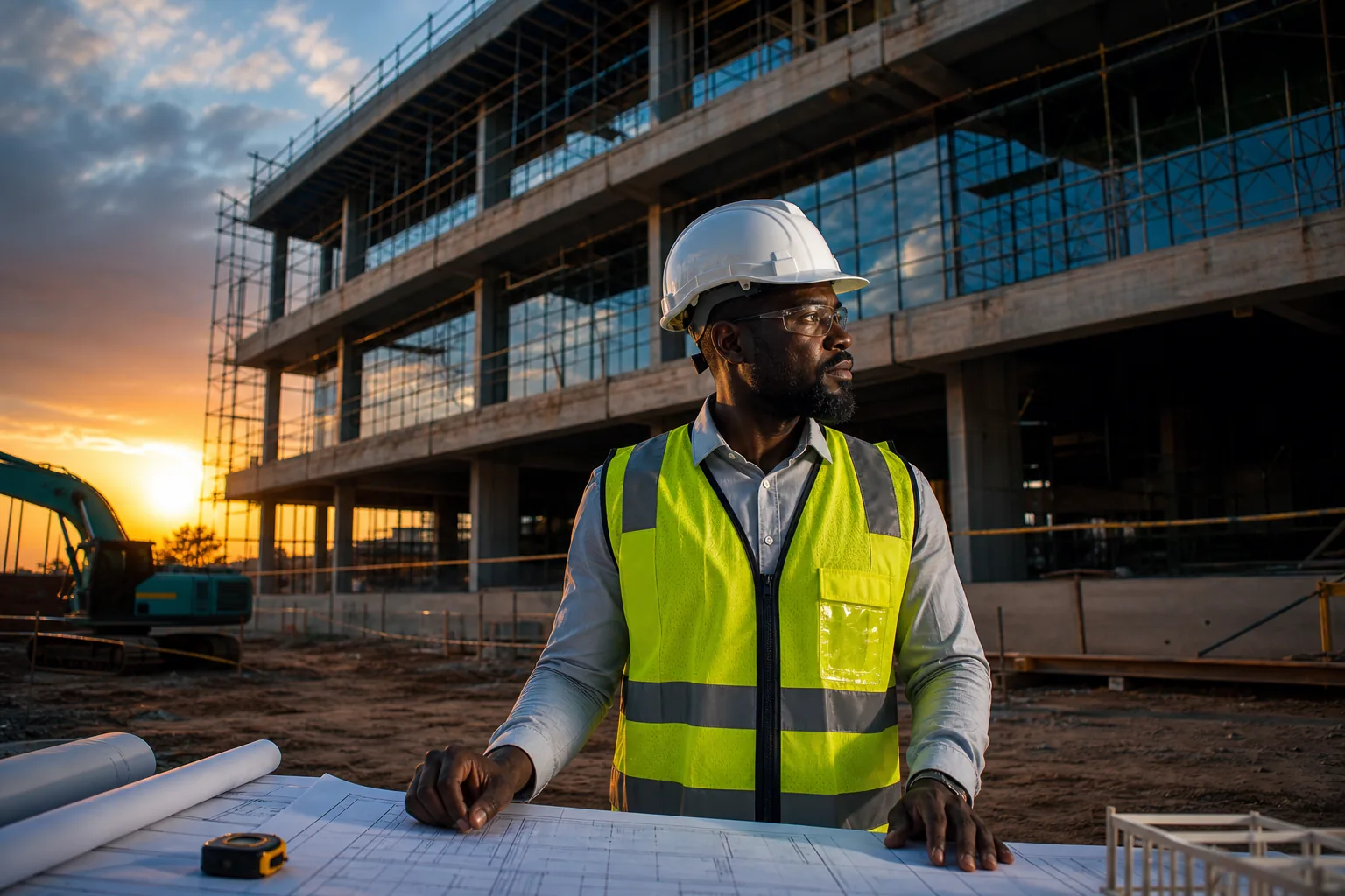 Professionnel du bâtiment consultant des plans sur un chantier contemporain