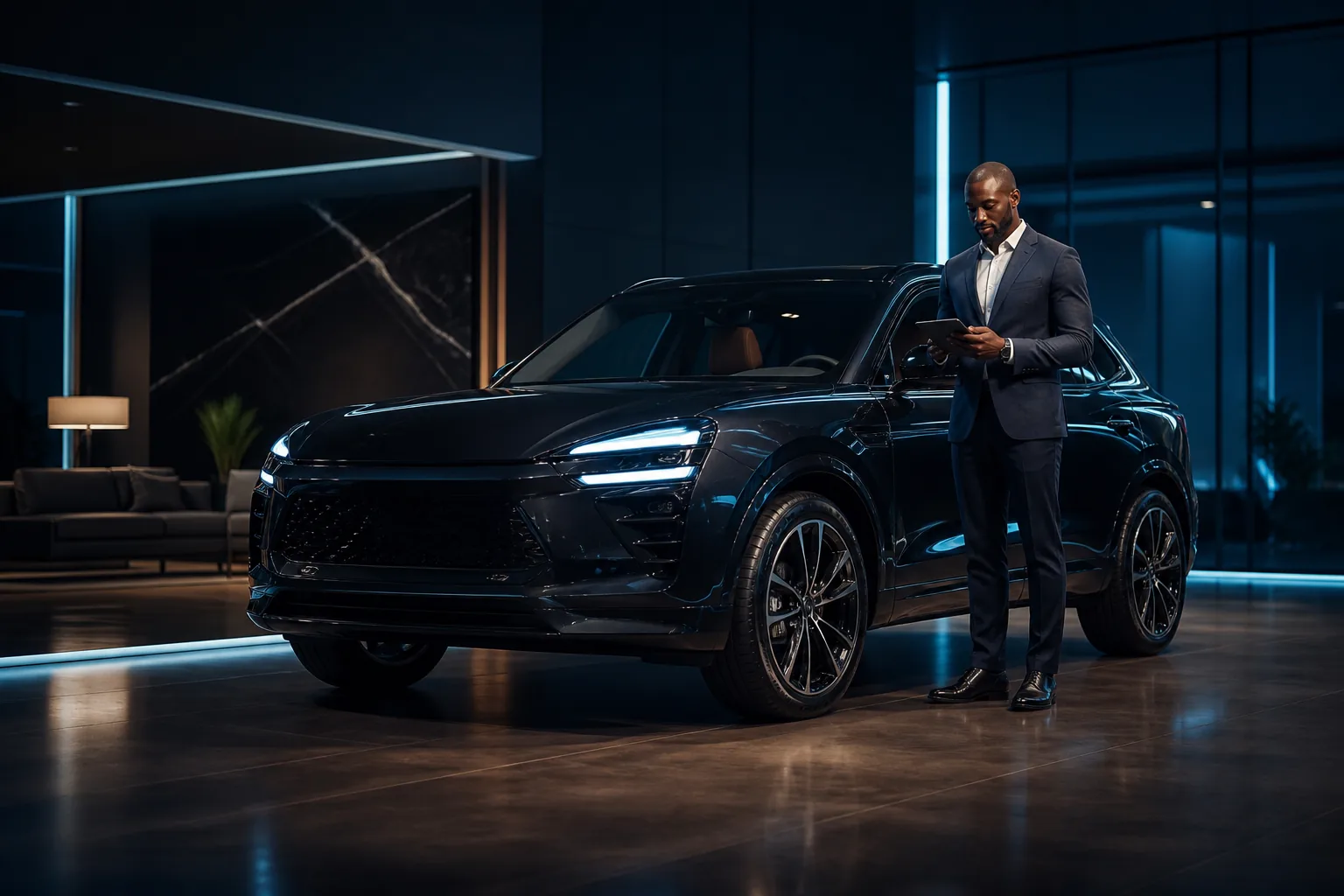 Professionnel dans un showroom automobile contemporain aux tons bleu nuit