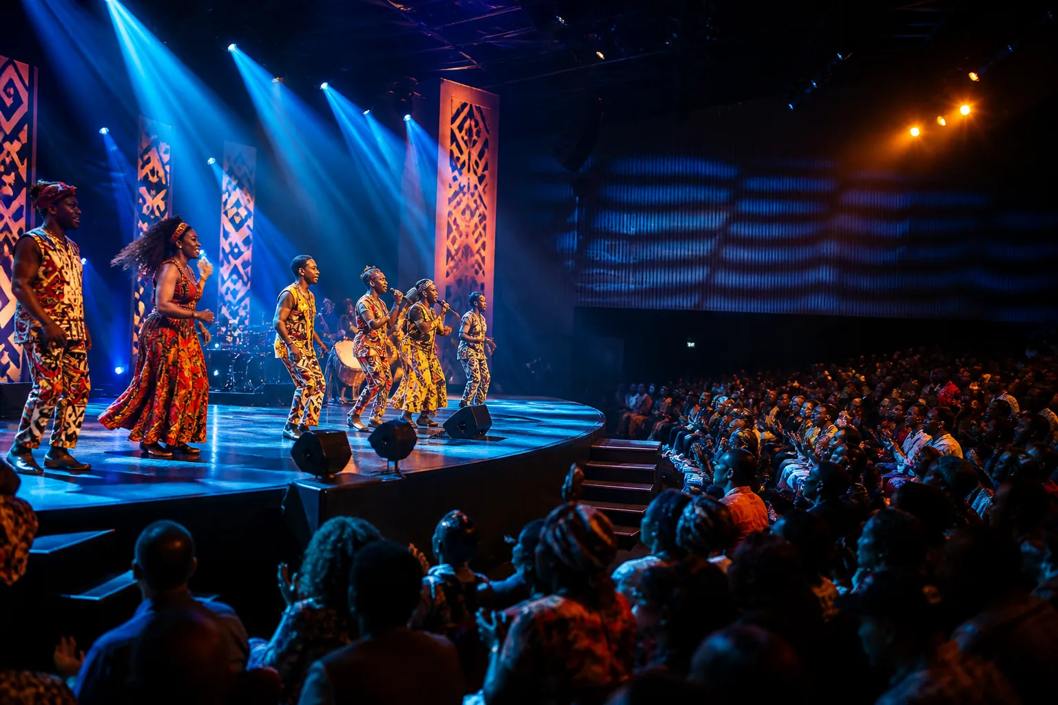 Performance culturelle africaine sur une scène éclairée en bleu et orange