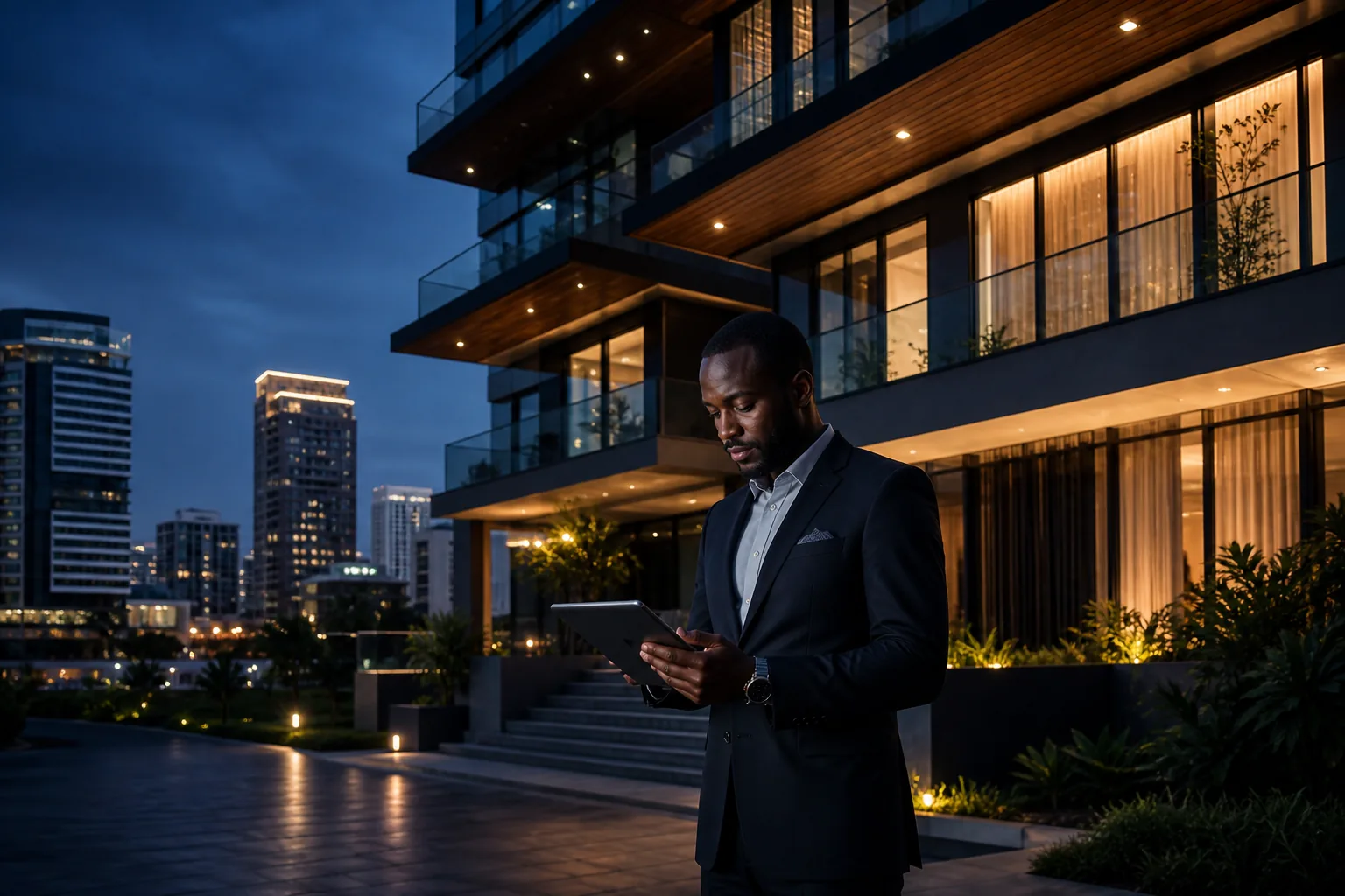 Professionnel de l’immobilier devant une résidence contemporaine en ville