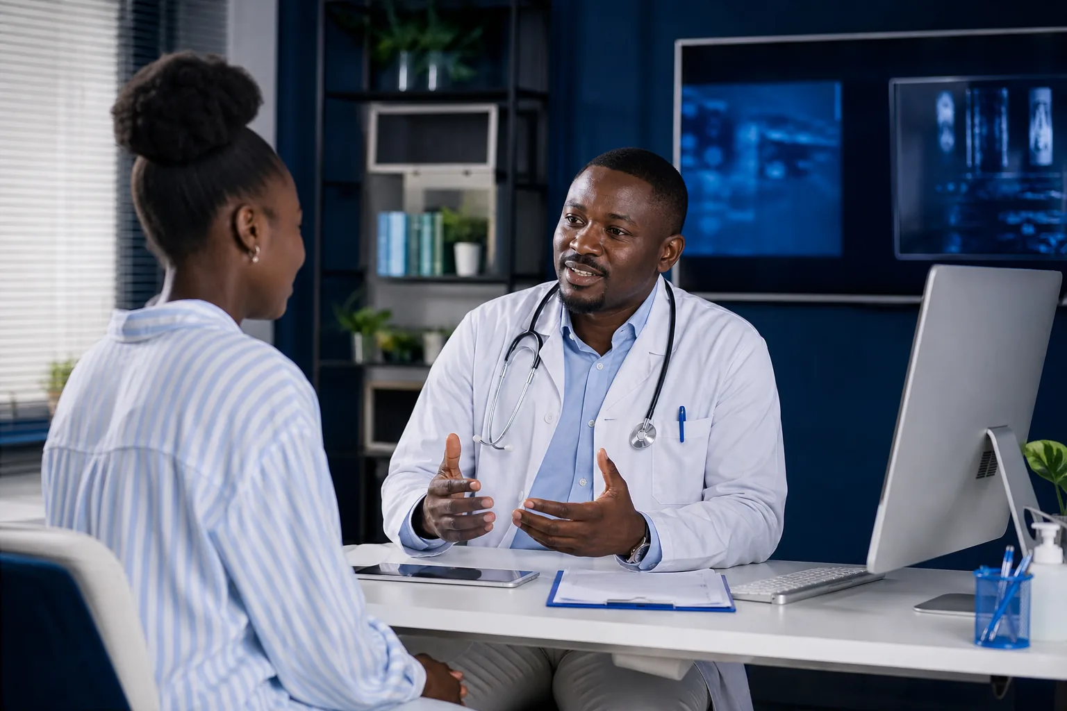 Médecin échangeant avec une patiente dans un cabinet moderne